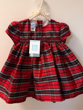 bella bliss Opal Red,Black,White Plaid Taffeta Smocked Holiday Dress 24 M -NWT